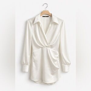 Zara White Satin Shirt Dress Mini Longsleeve Dressy Clean Girl